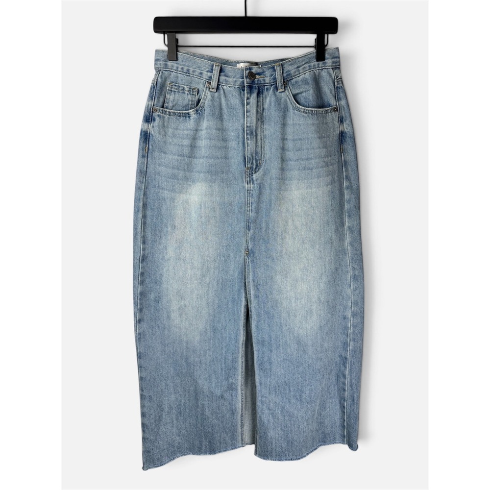 By Together Denim Midi Skirt Women M Light Blue Front Slit Frayed Hem BD267